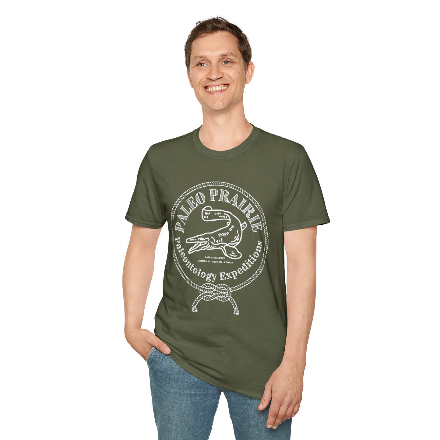 Paleo Prairie Expeditions Tee – Mosasaur Emblem, Unisex Softstyle T-Shirt