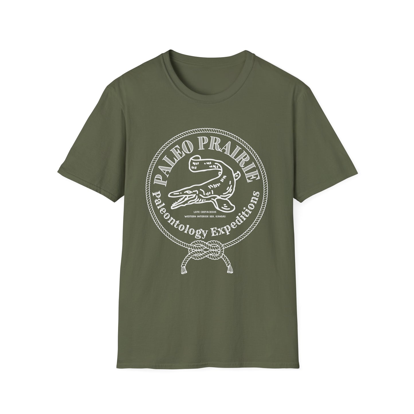 Paleo Prairie Expeditions Tee – Mosasaur Emblem, Unisex Softstyle T-Shirt
