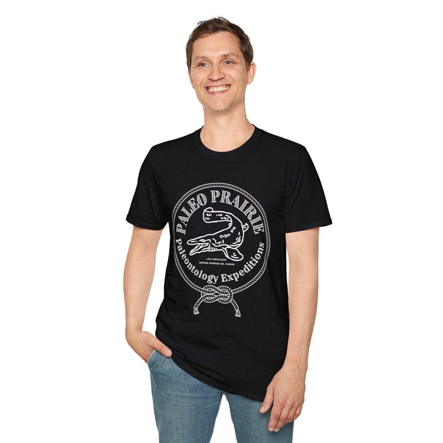 Paleo Prairie Expeditions Tee – Mosasaur Emblem, Unisex Softstyle T-Shirt