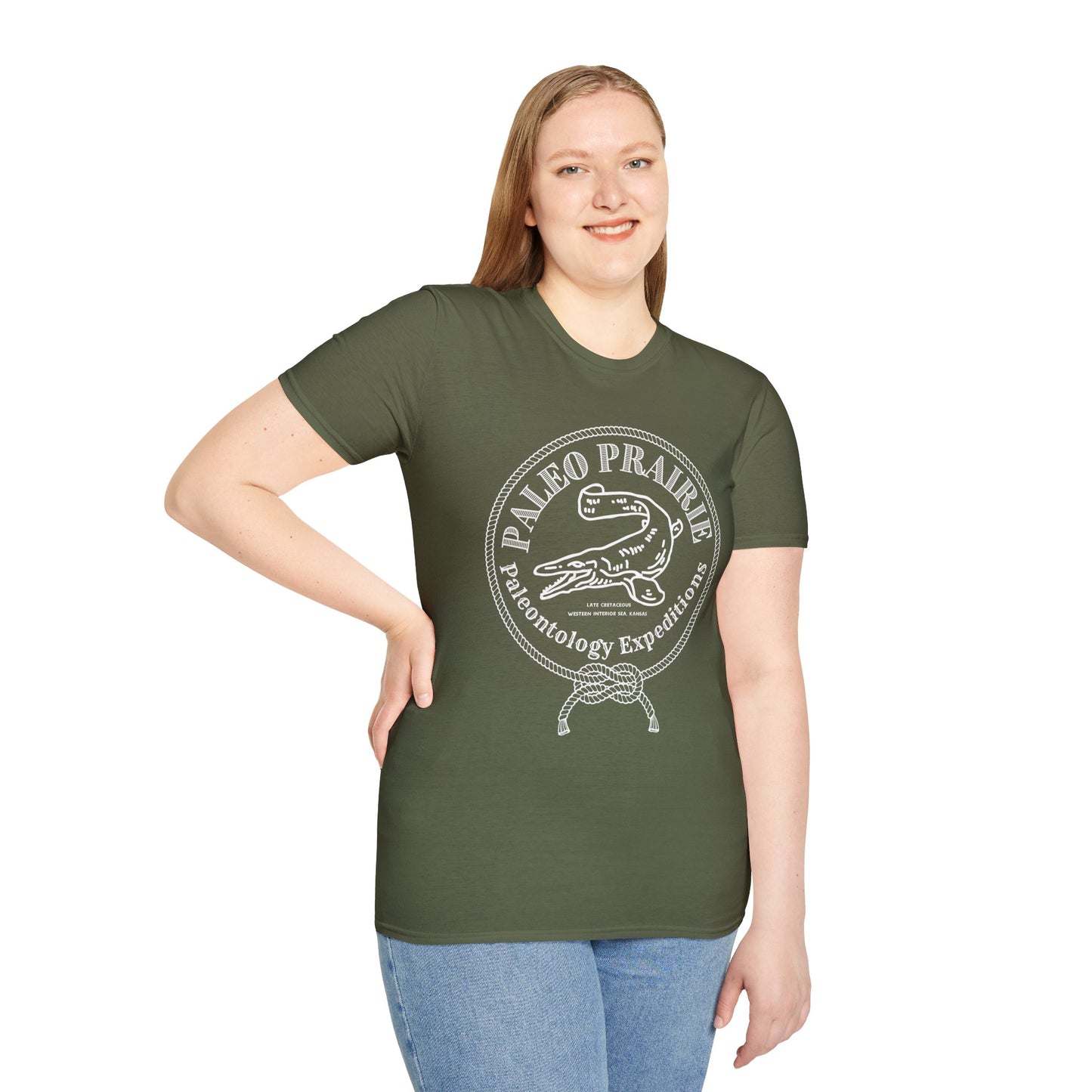 Paleo Prairie Expeditions Tee – Mosasaur Emblem, Unisex Softstyle T-Shirt